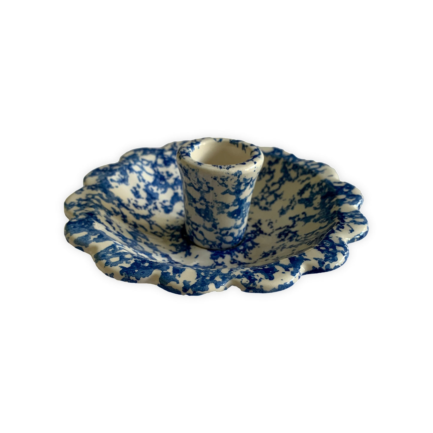 Blue Spongeware Scallop Candle Holder