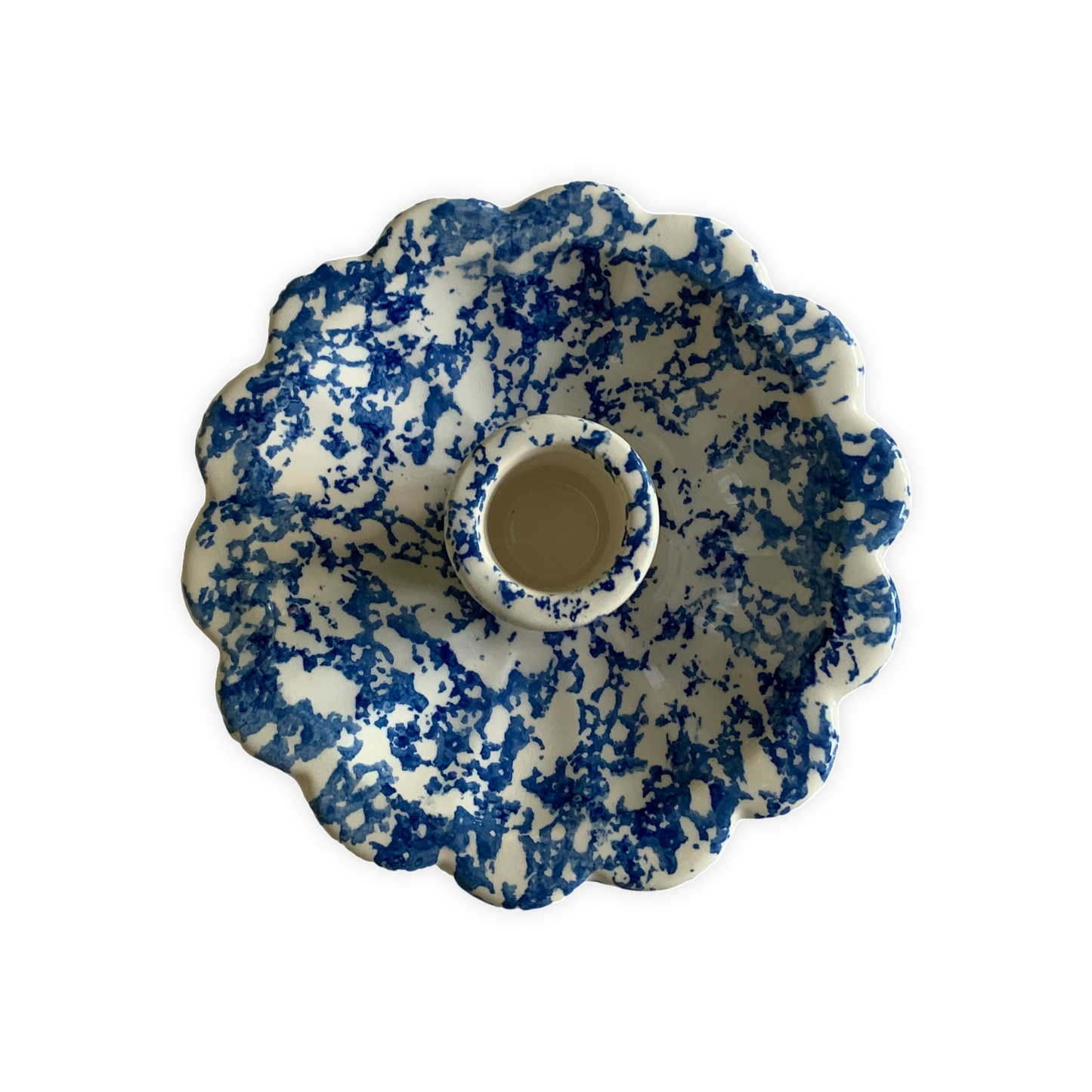 Blue Spongeware Scallop Candle Holder