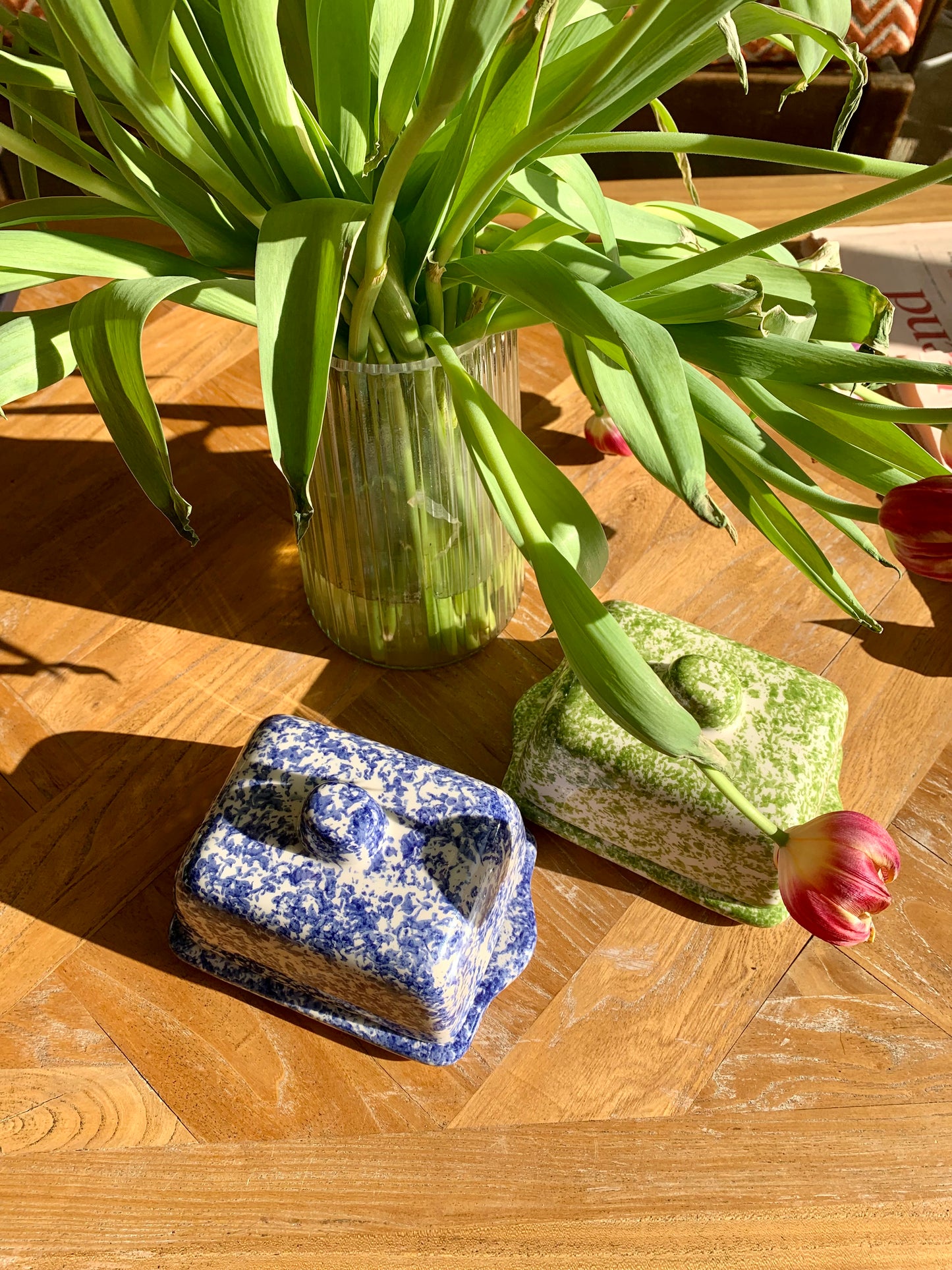 Green Spongeware Butter Dish