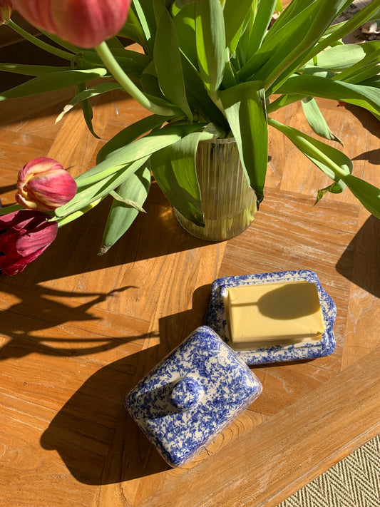 Blue Spongeware Butter Dish