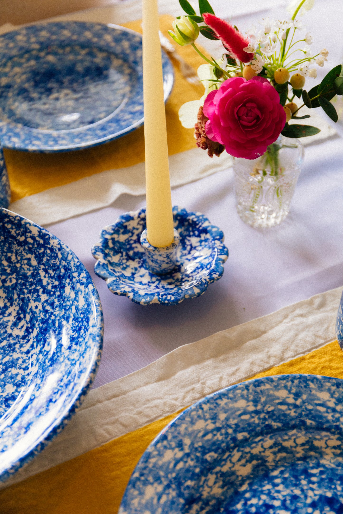 Blue Spongeware Scallop Candle Holder