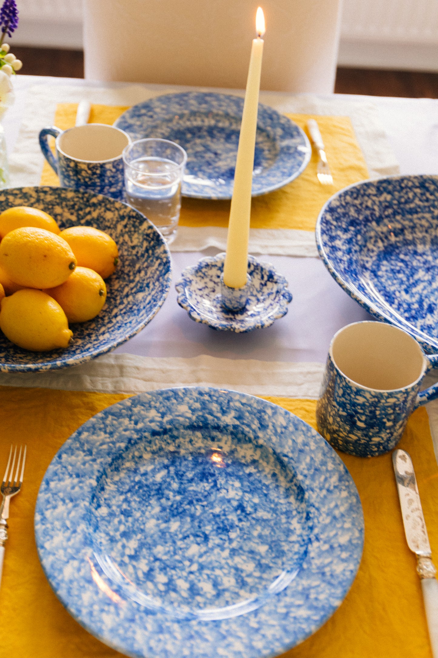 Blue Spongeware Scallop Candle Holder
