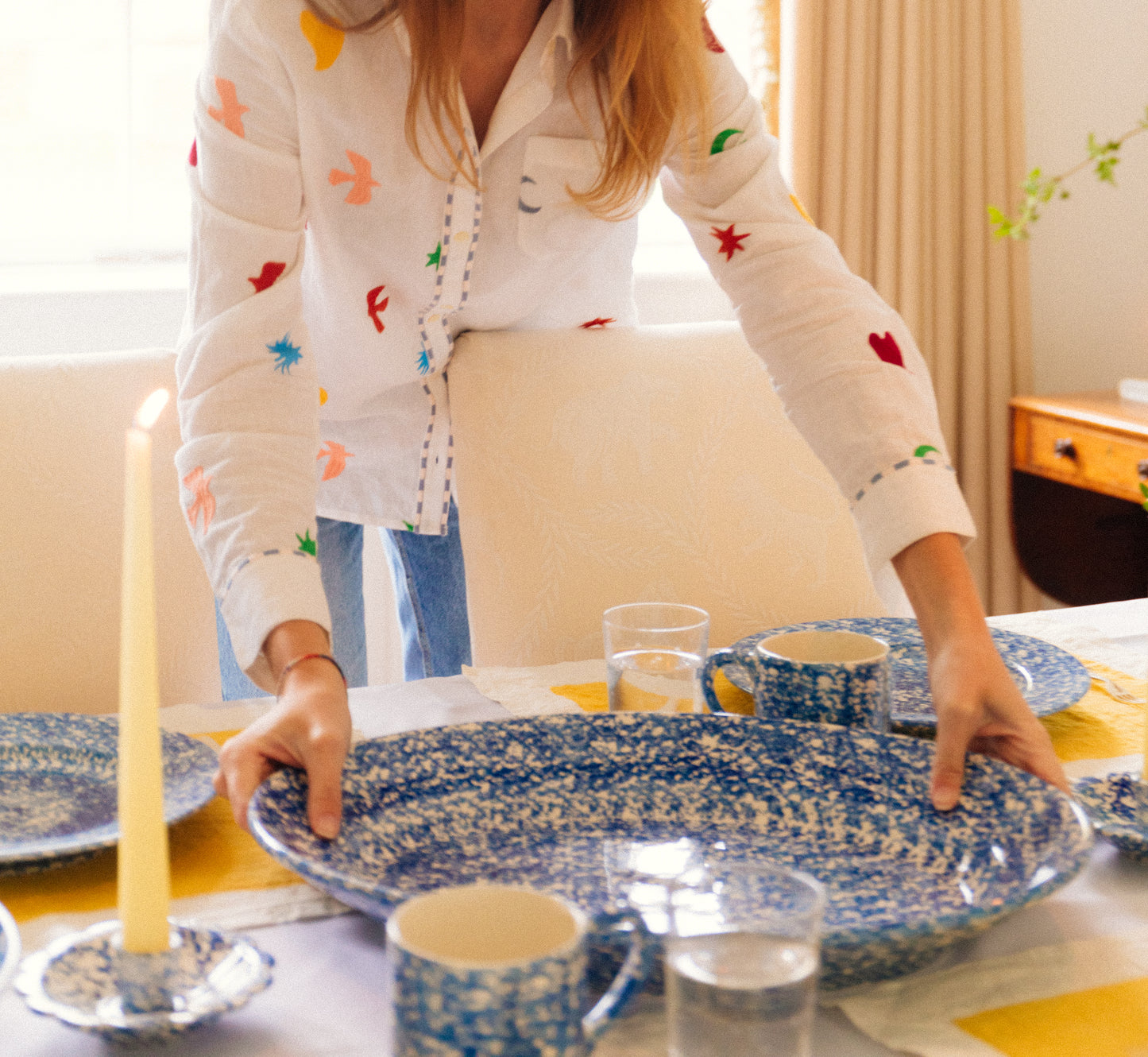 Blue Spongeware Oval Serving Plate
