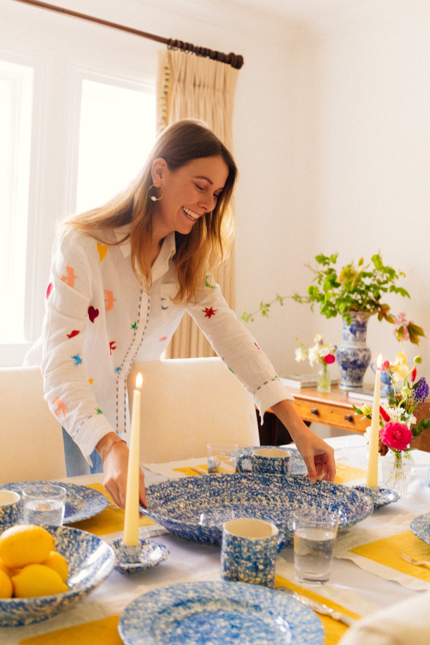 Blue Spongeware Oval Serving Plate