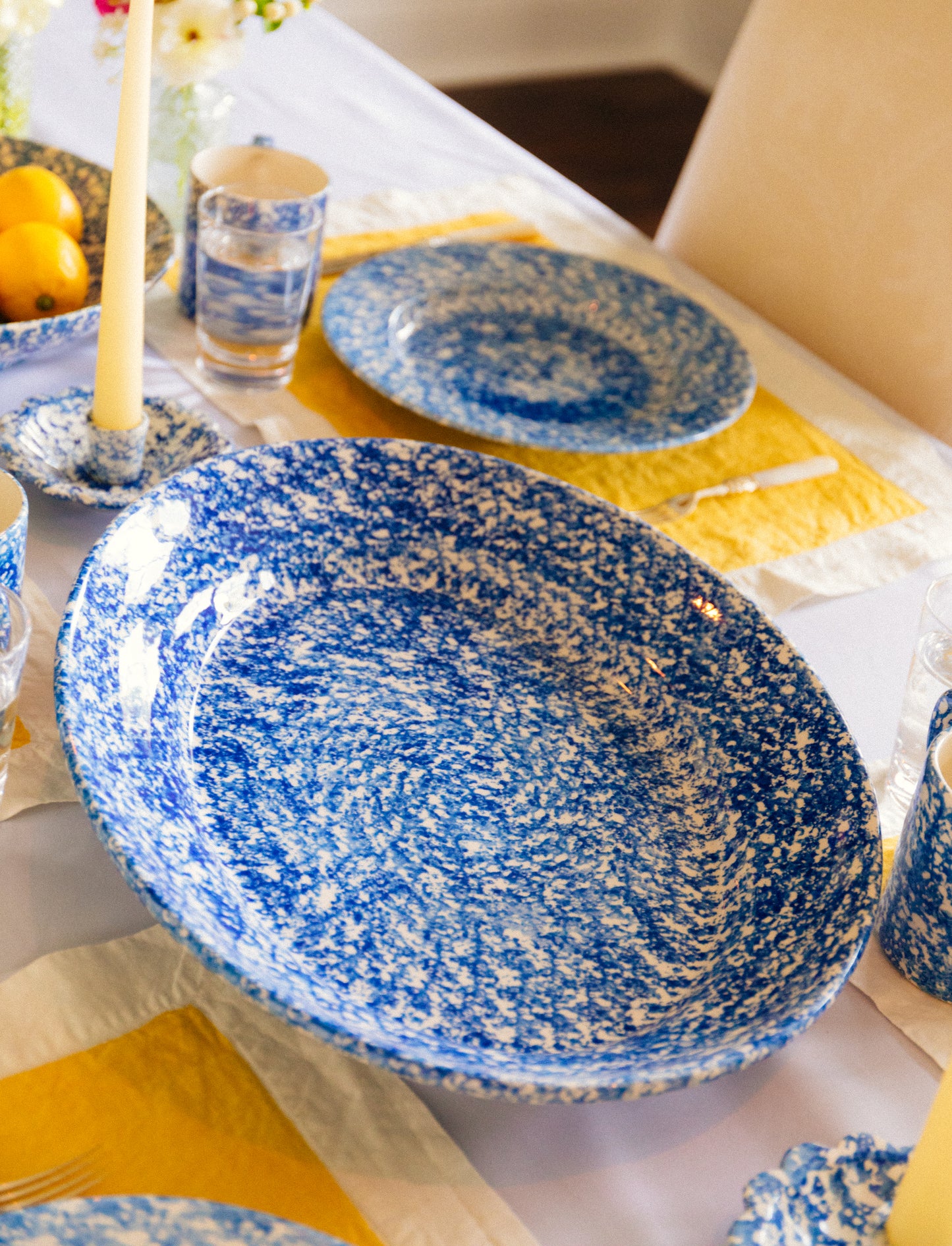 Blue Spongeware Oval Serving Plate