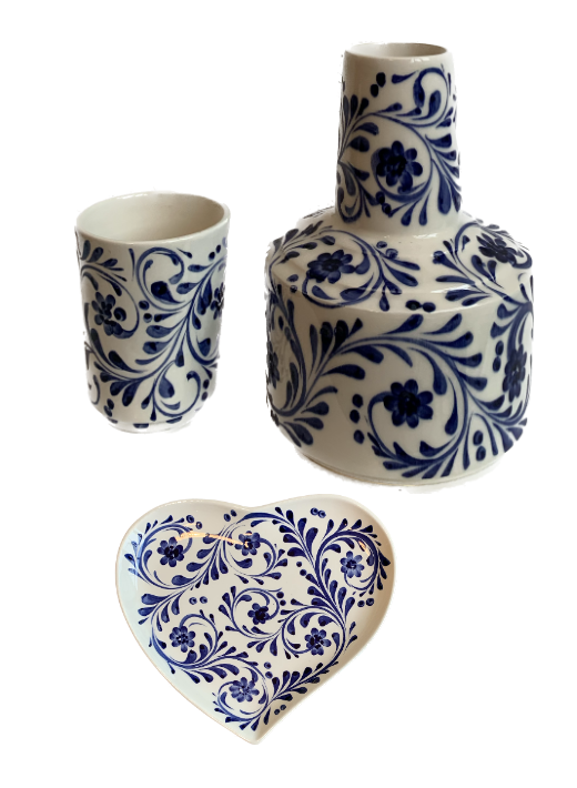 Cobalt Blue Foliage Bedside Carafe, Tumbler and Heart Plate Set
