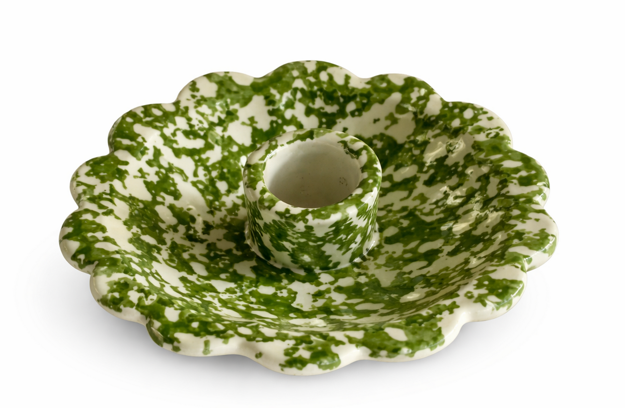 Green Spongeware Scallop Candle holder