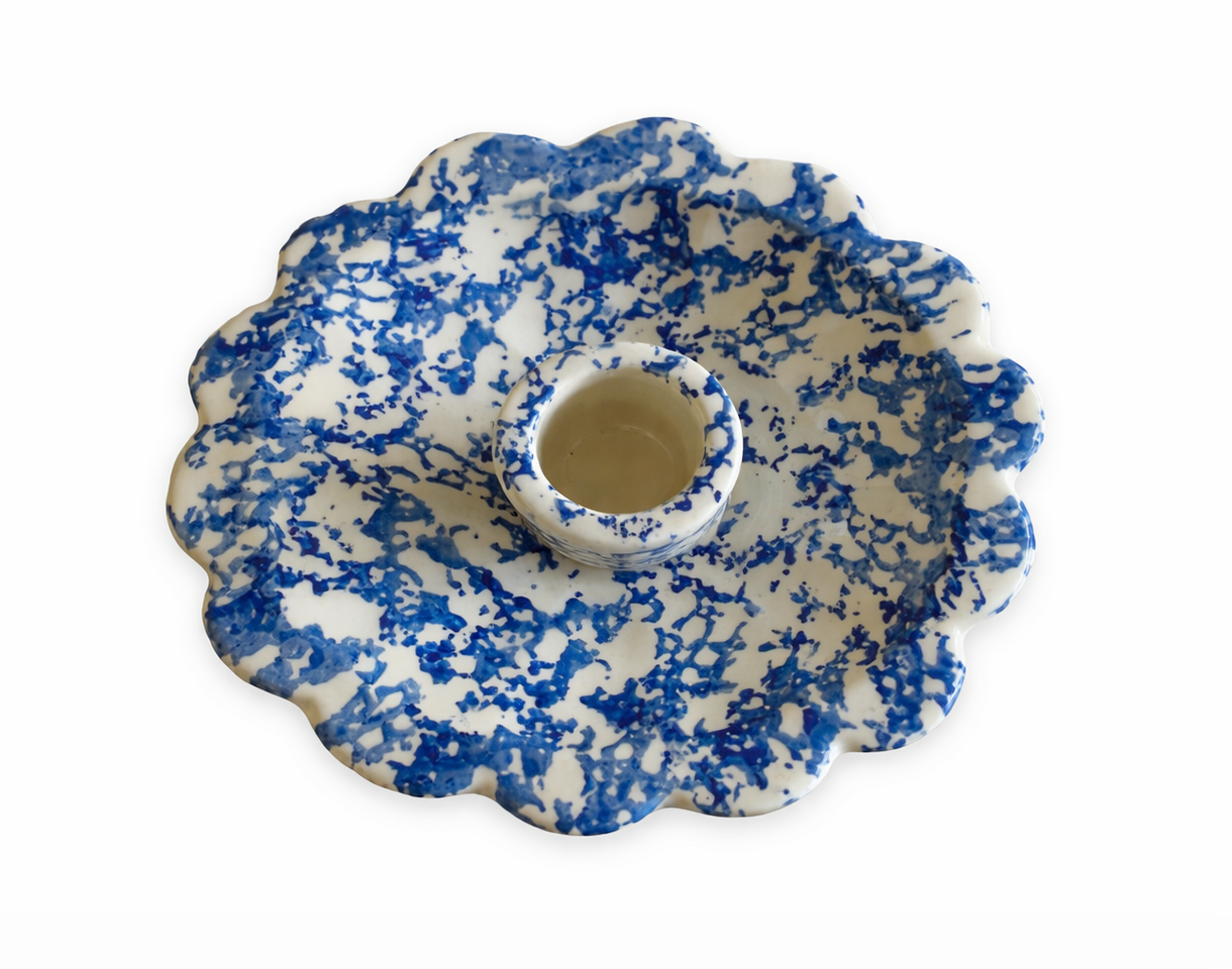Blue Spongeware Scallop Candle Holder
